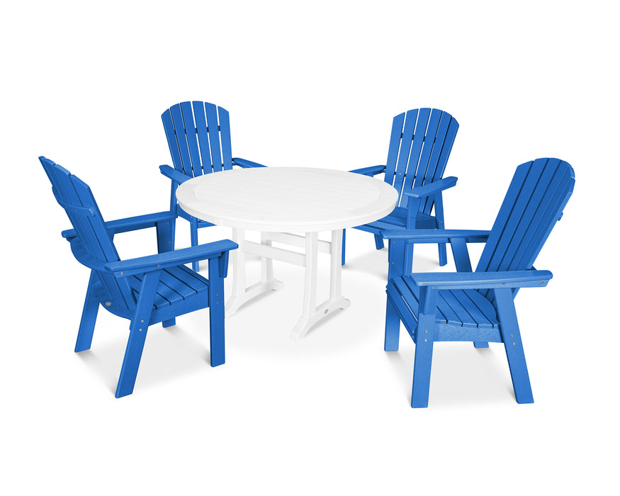 POLYWOOD Nautical Curveback Adirondack 5-Piece Round Dining Set with Trestle Legs in Pacific Blue / White image