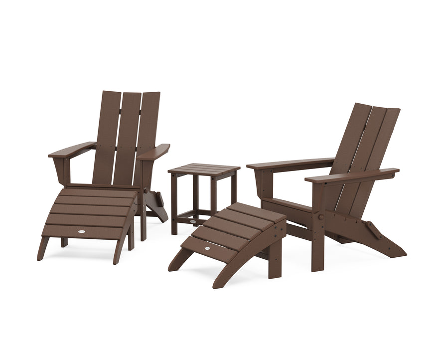 POLYWOOD Modern Folding Adirondack Chair 5-Piece Set with Ottomans and 18" Side Table in Mahogany image