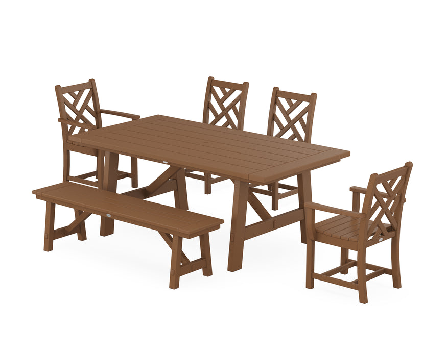 POLYWOOD Chippendale 6-Piece Rustic Farmhouse Dining Set With Bench in Teak