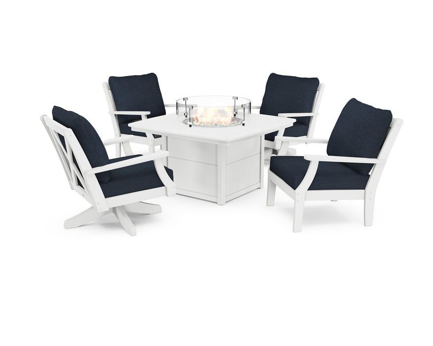 POLYWOOD Braxton 5-Piece Deep Seating Set with Fire Table in White / Marine Indigo