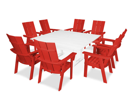 POLYWOOD Modern Curveback Adirondack 9-Piece Farmhouse Trestle Dining Set in Sunset Red / White image