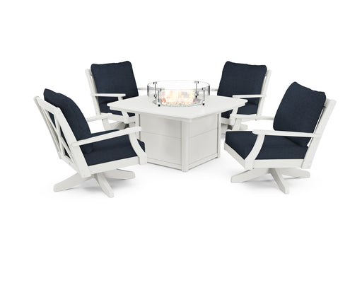 POLYWOOD Braxton 5-Piece Deep Seating Swivel Conversation Set with Fire Pit Table in Vintage White / Marine Indigo image