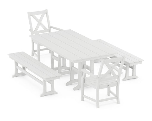 POLYWOOD Braxton 5-Piece Farmhouse Dining Set with Benches in White image