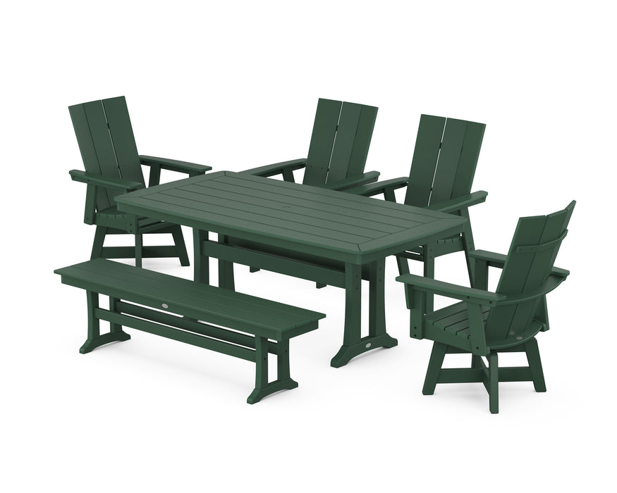 POLYWOOD Modern Curveback Adirondack Swivel Chair 6-Piece Dining Set with Trestle Legs and Bench in Green image