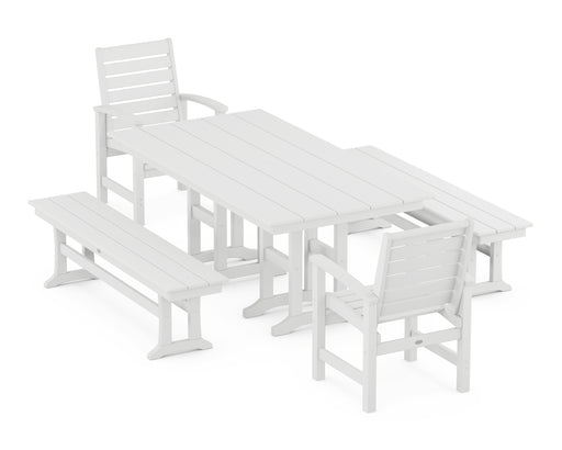 POLYWOOD Signature 5-Piece Farmhouse Dining Set with Benches in White image