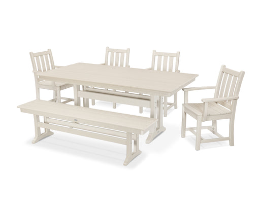 POLYWOOD Traditional Garden Arm Chair 6-Piece Farmhouse Dining Set with Trestle Legs and Bench in Sand image