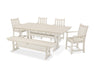 POLYWOOD Traditional Garden Arm Chair 6-Piece Farmhouse Dining Set with Trestle Legs and Bench in Sand image