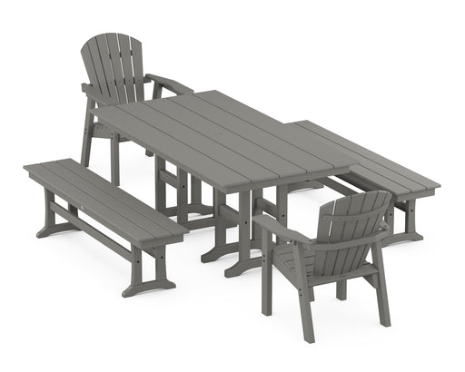 POLYWOOD Seashell 5-Piece Farmhouse Dining Set with Benches in Slate Grey image