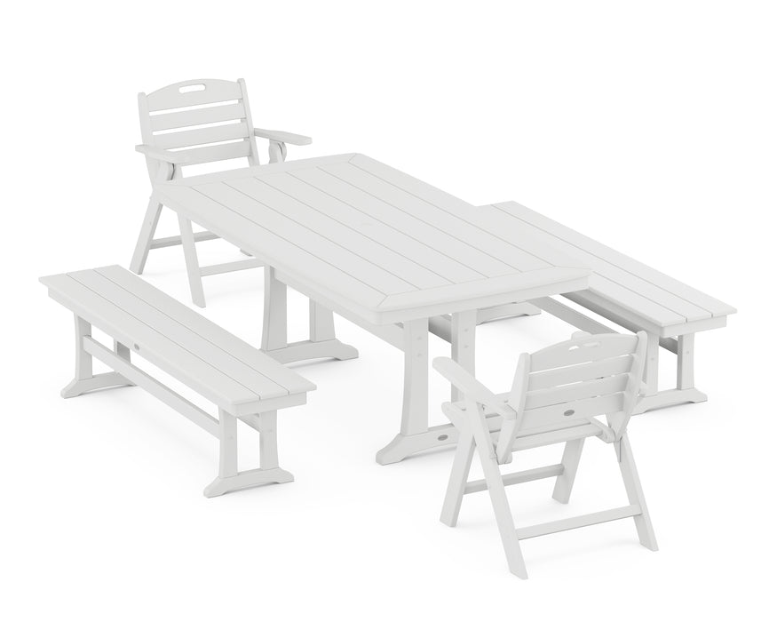 POLYWOOD Nautical Lowback Chair 5-Piece Dining Set with Trestle Legs and Benches in White image