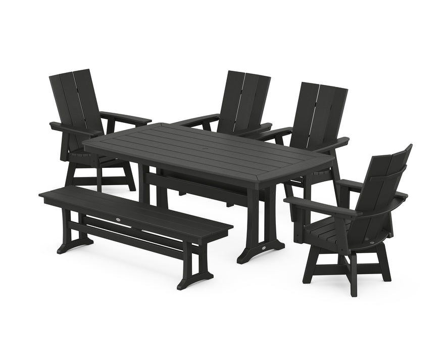 POLYWOOD Modern Curveback Adirondack Swivel Chair 6-Piece Dining Set with Trestle Legs and Bench in Black image