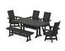 POLYWOOD Modern Curveback Adirondack Swivel Chair 6-Piece Dining Set with Trestle Legs and Bench in Black image