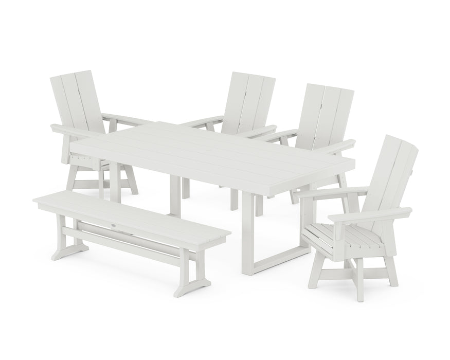 POLYWOOD Modern Curveback Adirondack Swivel Chair 6-Piece Dining Set with Bench in Vintage White image