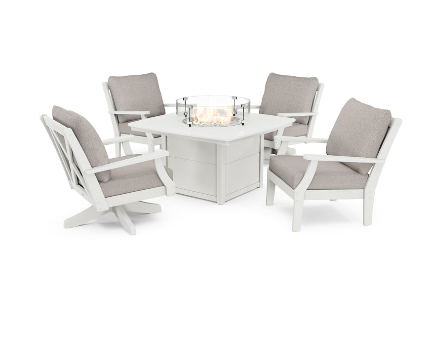 POLYWOOD Braxton 5-Piece Deep Seating Set with Fire Table in Vintage White / Weathered Tweed