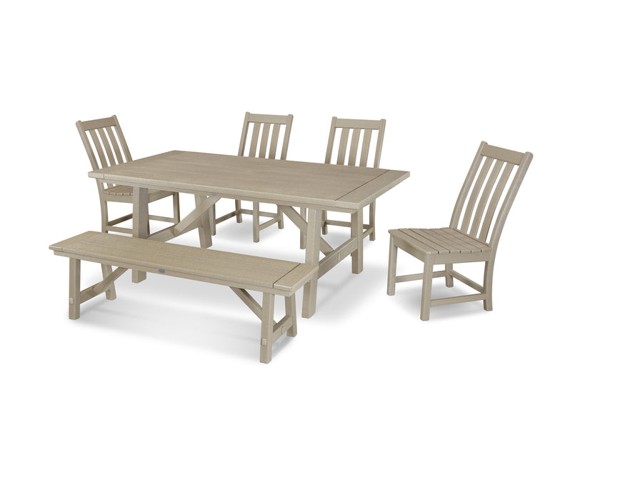 POLYWOOD Vineyard 6-Piece Rustic Farmhouse Side Chair Dining Set with Bench in Vintage Sahara