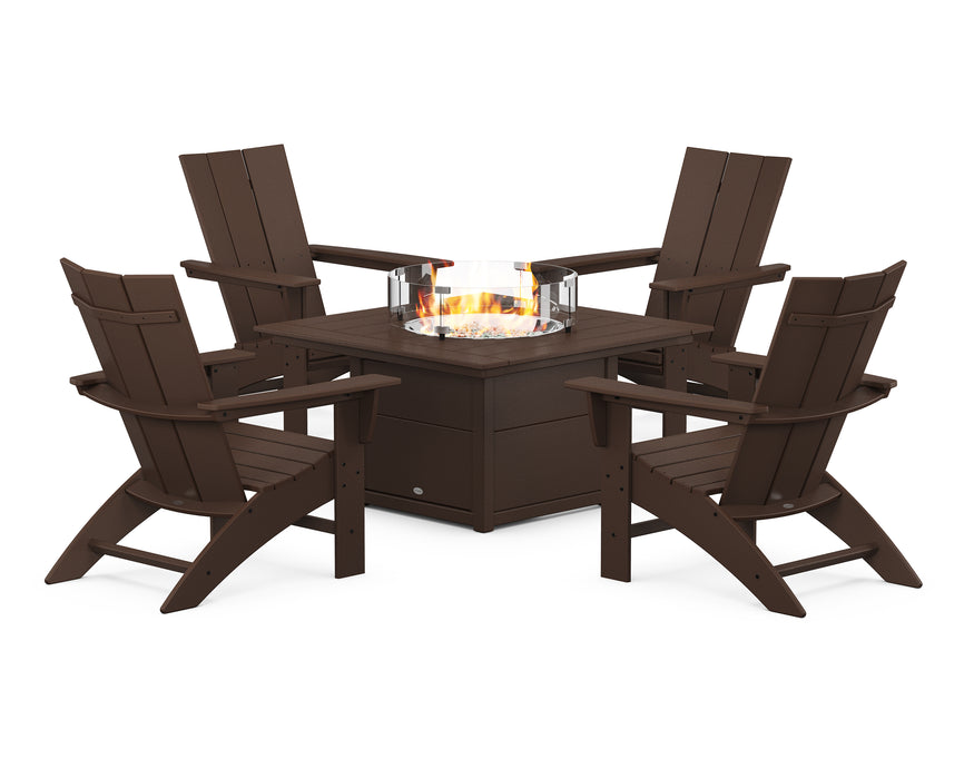 POLYWOOD Modern Curveback Adirondack 5-Piece Conversation Set with Fire Pit Table in Mahogany image