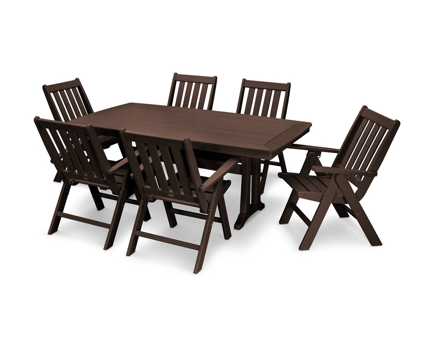 POLYWOOD Vineyard Folding Chair 7-Piece Nautical Dining Set with Trestle Legs in Mahogany