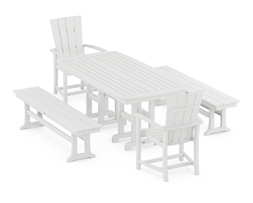 POLYWOOD Quattro 5-Piece Farmhouse Dining Set with Benches in White