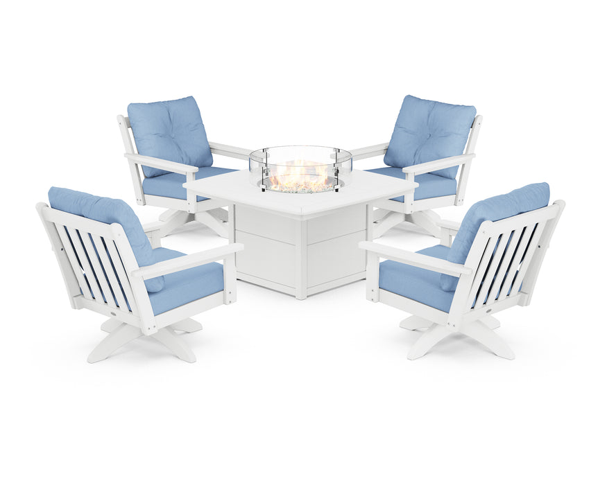 POLYWOOD Vineyard 5-Piece Deep Seating Swivel Conversation Set with Fire Pit Table in White / Air Blue