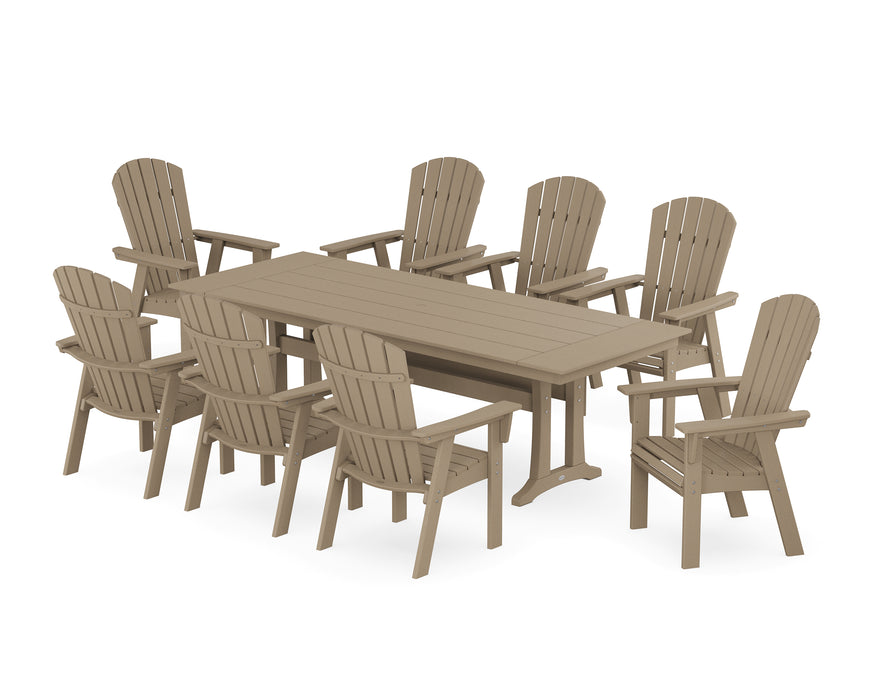 POLYWOOD Nautical 9-Piece Curveback Adirondack Farmhouse Dining Set with Trestle Legs in Vintage Sahara