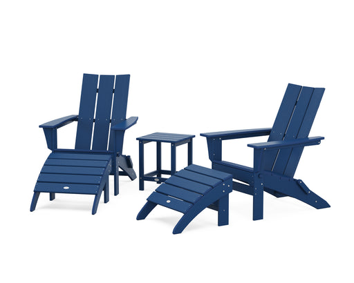 POLYWOOD Modern Folding Adirondack Chair 5-Piece Set with Ottomans and 18" Side Table in Navy image