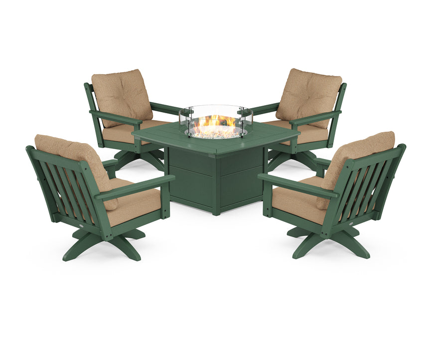 POLYWOOD Vineyard 5-Piece Deep Seating Swivel Conversation Set with Fire Pit Table in Green / Sesame