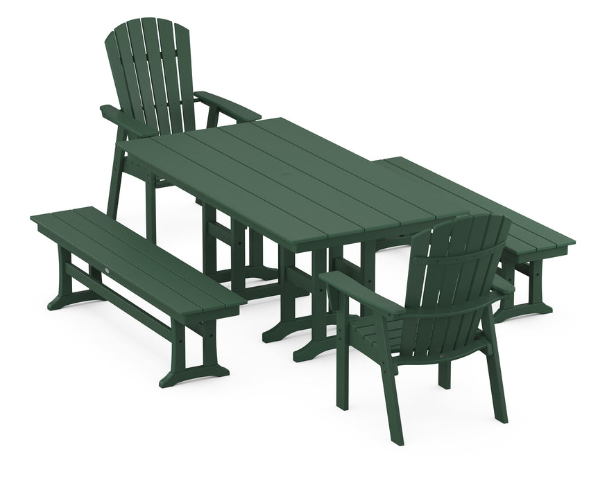 POLYWOOD Nautical Curveback Adirondack 5-Piece Farmhouse Dining Set with Benches in Green image