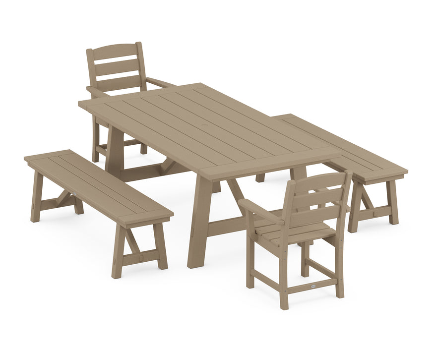 POLYWOOD Lakeside 5-Piece Rustic Farmhouse Dining Set With Benches in Vintage Sahara