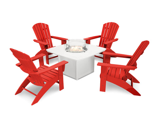 POLYWOOD Nautical Curveback Adirondack 5-Piece Conversation Set with Fire Table in Sunset Red / White image