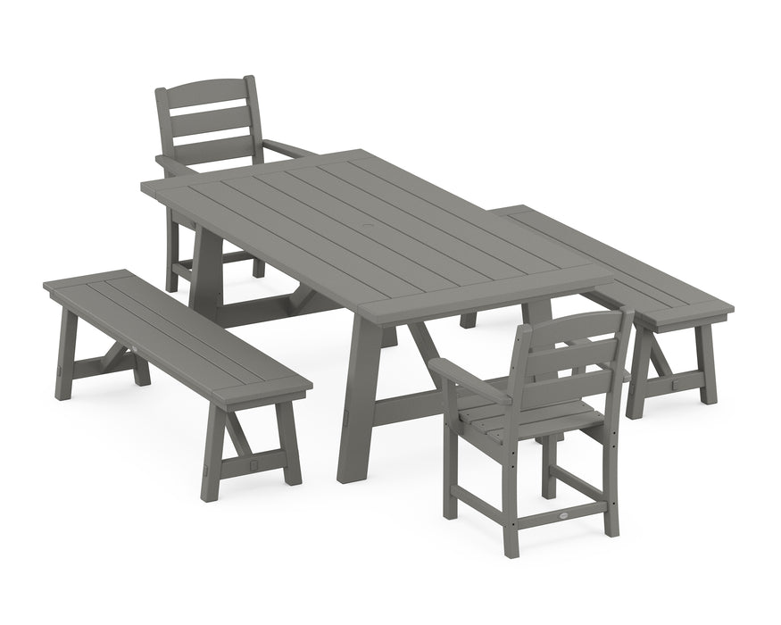 POLYWOOD Lakeside 5-Piece Rustic Farmhouse Dining Set With Benches in Slate Grey