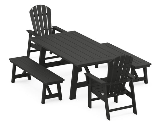 POLYWOOD South Beach 5-Piece Rustic Farmhouse Dining Set With Benches in Black image