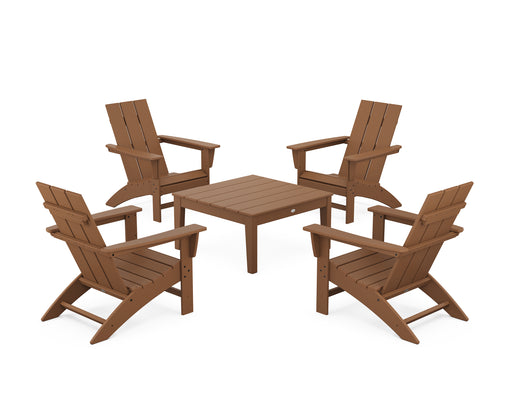 POLYWOOD 5-Piece Modern Adirondack Chair Conversation Set with 36" Conversation Table in Teak image