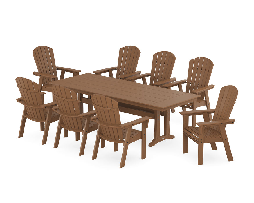 POLYWOOD Nautical 9-Piece Curveback Adirondack Farmhouse Dining Set with Trestle Legs in Teak image