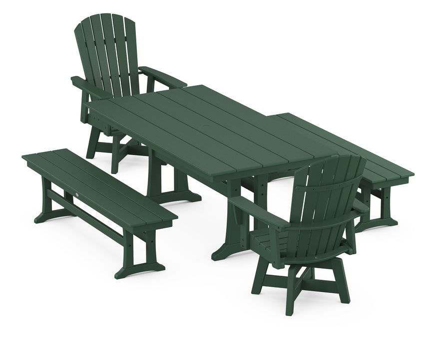 POLYWOOD Nautical Curveback Adirondack Swivel Chair 5-Piece Farmhouse Dining Set With Trestle Legs and Benches in Green image