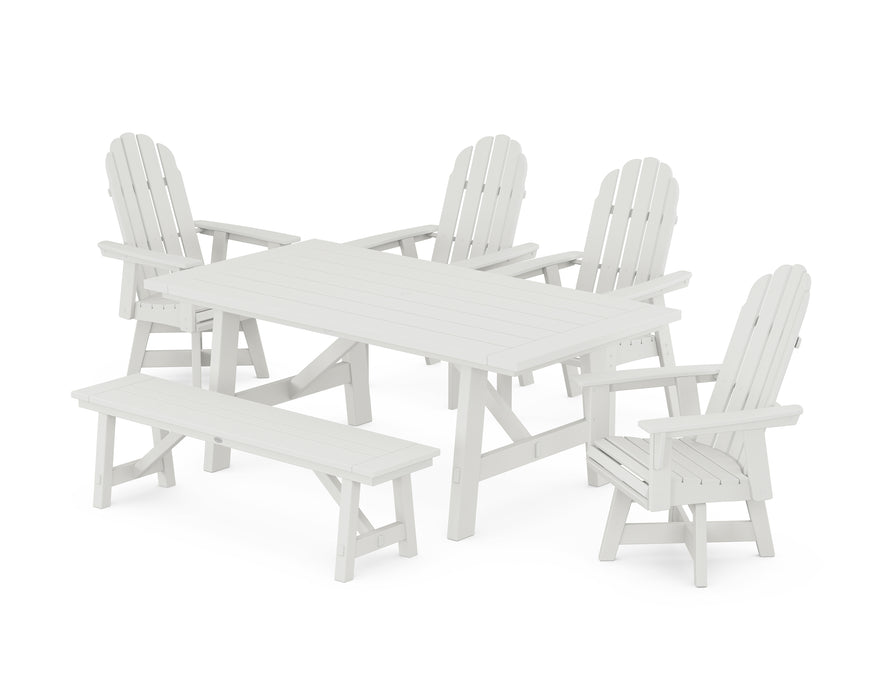 POLYWOOD Vineyard Curveback Adirondack Swivel Chair 6-Piece Rustic Farmhouse Dining Set With Bench in Vintage White