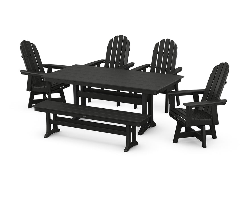 POLYWOOD Vineyard Curveback Adirondack 6-Piece Swivel Chair Farmhouse Dining Set with Trestle Legs and Bench in Black