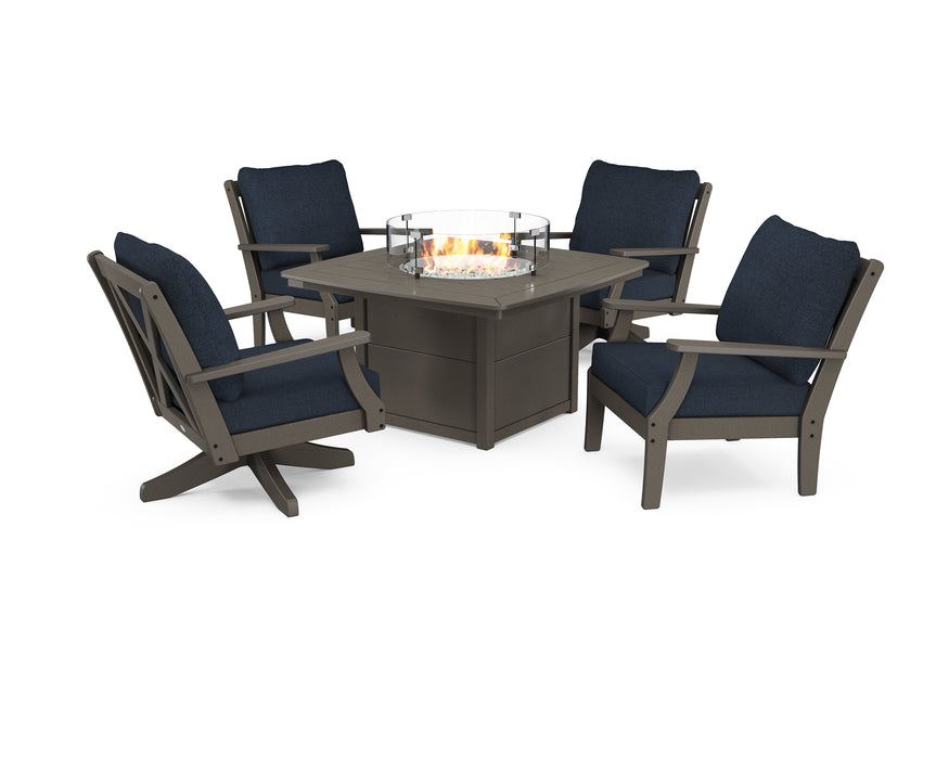 POLYWOOD Braxton 5-Piece Deep Seating Set with Fire Table in Vintage Coffee / Marine Indigo