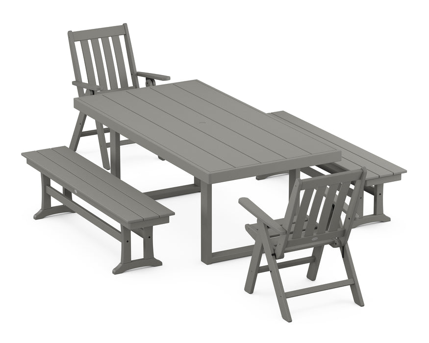 POLYWOOD Vineyard Folding Chair 5-Piece Dining Set with Benches in Slate Grey