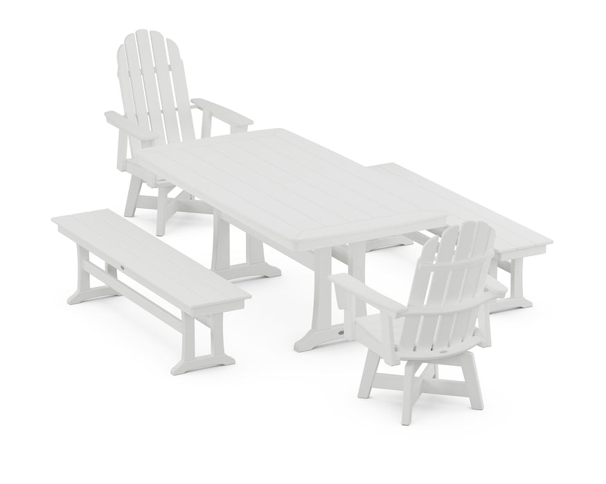 POLYWOOD Vineyard Adirondack Swivel Chair 5-Piece Dining Set with Trestle Legs and Benches in White