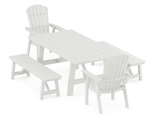 POLYWOOD Nautical Curveback Adirondack 5-Piece Rustic Farmhouse Dining Set With Benches in Vintage White image