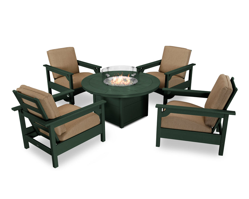 POLYWOOD Club 5-Piece Conversation Set with Fire Pit Table in Green / Sesame