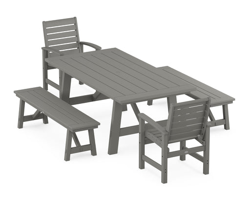 POLYWOOD Signature 5-Piece Rustic Farmhouse Dining Set With Benches in Slate Grey image