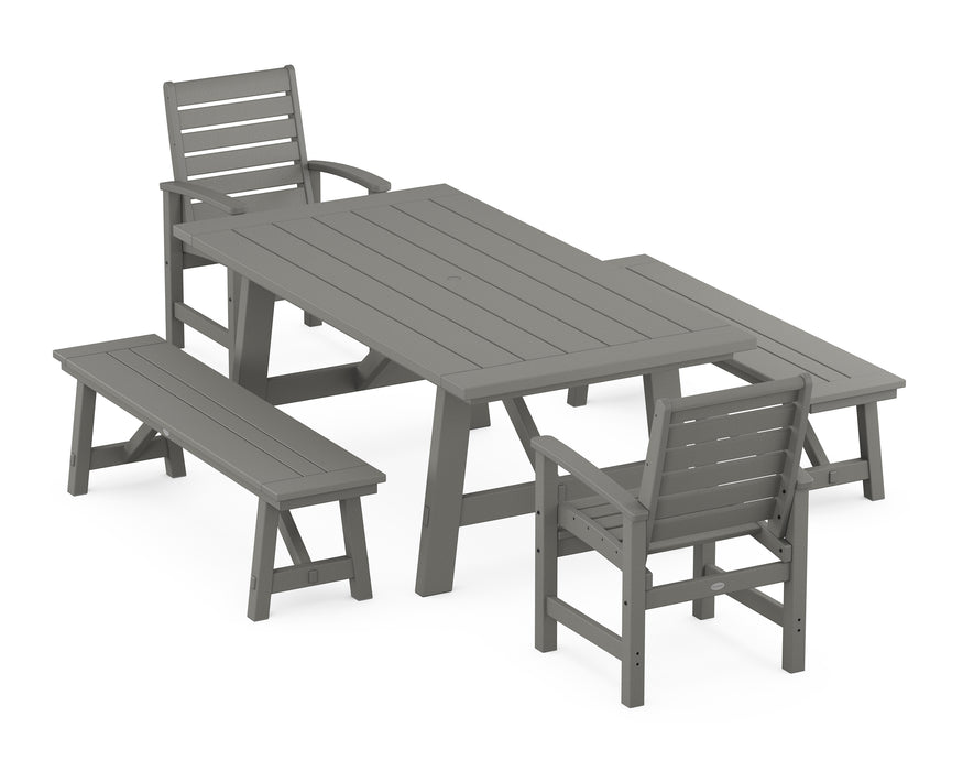 POLYWOOD Signature 5-Piece Rustic Farmhouse Dining Set With Benches in Slate Grey image