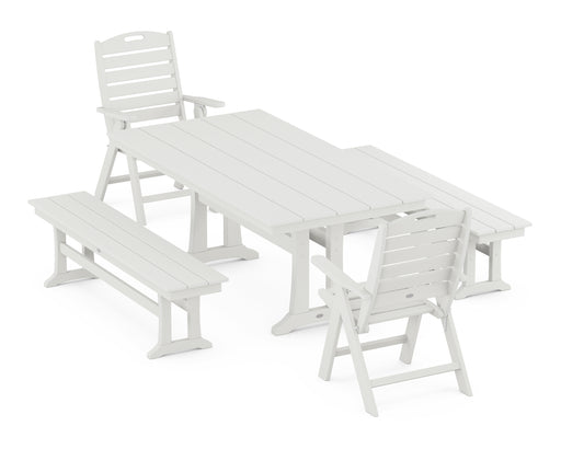 POLYWOOD Nautical Highback Chair 5-Piece Farmhouse Dining Set With Trestle Legs and Benches in Vintage White image