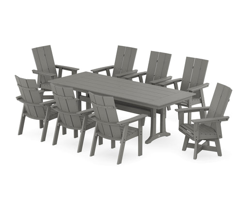 POLYWOOD Modern Curveback Adirondack Swivel 9-Piece Farmhouse Dining Set with Trestle Legs in Slate Grey image