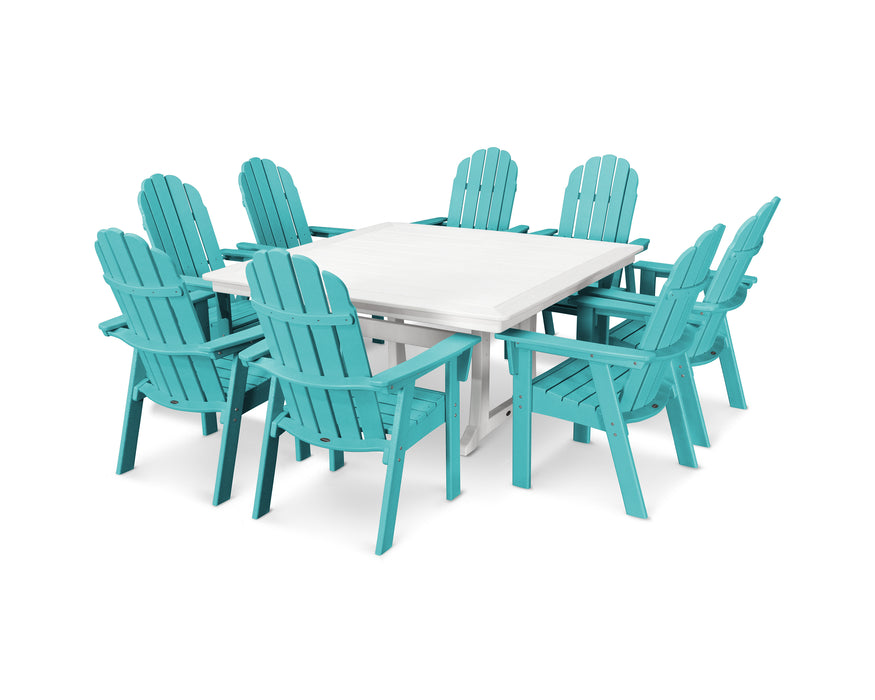 POLYWOOD Vineyard Curveback Adirondack 9-Piece Nautical Trestle Dining Set in Aruba / White