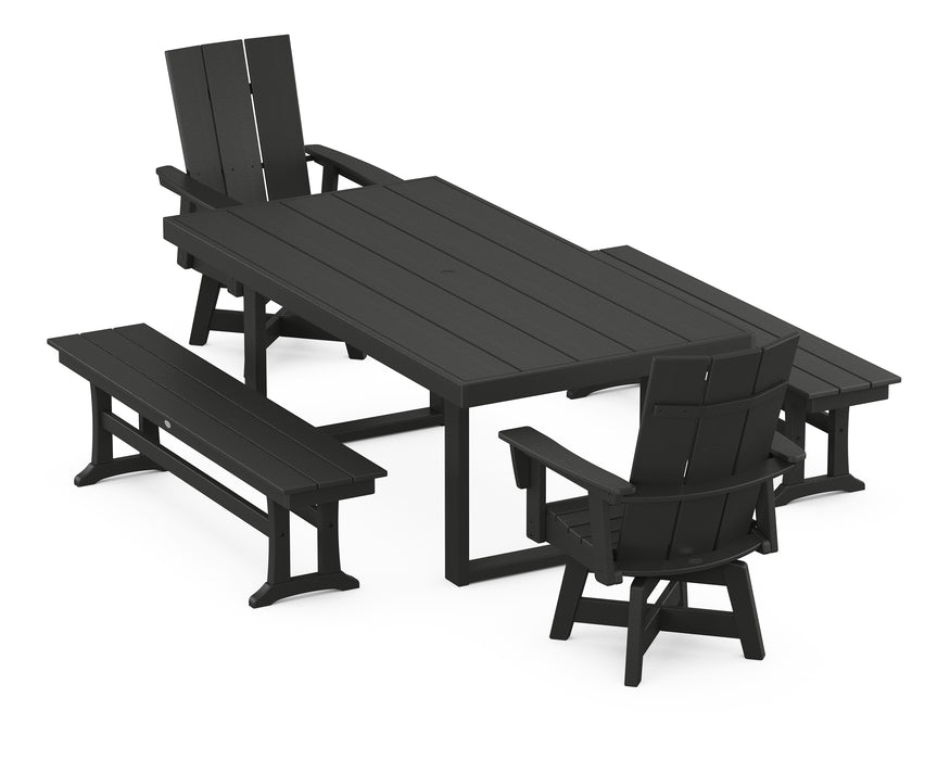 POLYWOOD Modern Adirondack Swivel Chair 5-Piece Dining Set with Benches in Black image