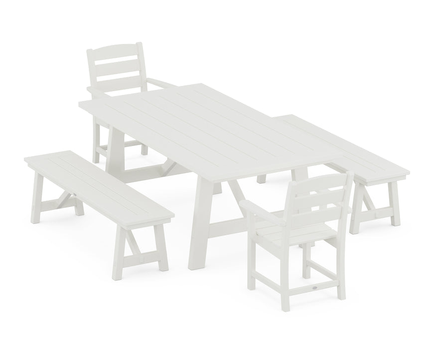 POLYWOOD Lakeside 5-Piece Rustic Farmhouse Dining Set With Benches in Vintage White