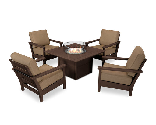 POLYWOOD Harbour 5-Piece Conversation Set with Fire Pit Table in Mahogany / Sesame image