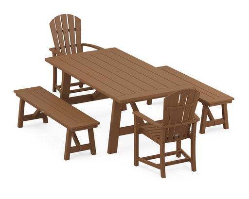 POLYWOOD Palm Coast 5-Piece Rustic Farmhouse Dining Set With Benches in Teak image