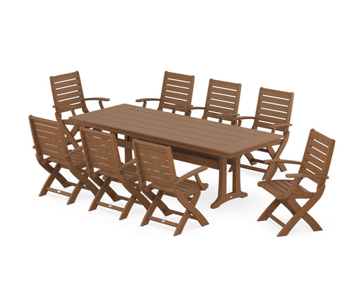 POLYWOOD Signature Folding 9-Piece Farmhouse Trestle Dining Set with Trestle Legs in Teak image